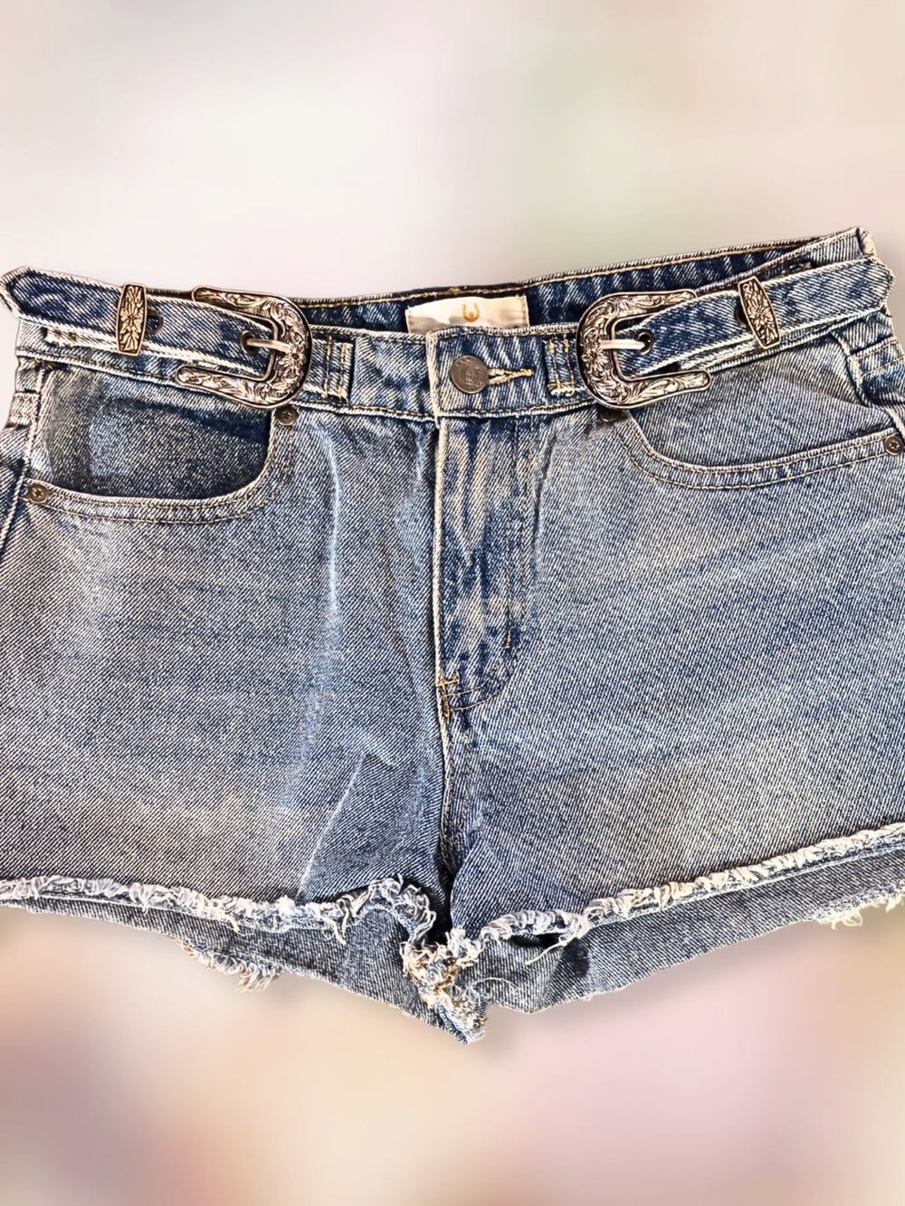 AUSTIN LANDING JEAN SHORTS Light Wash Denim Western Double Buckle Detail SZ 5/27